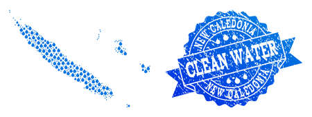 Map of New Caledonia vector mosaic and clean water grunge stamp. Map of New Caledonia formed with blue aqua raindrops. Seal with grunge rubber texture for pure drinking water.のイラスト素材