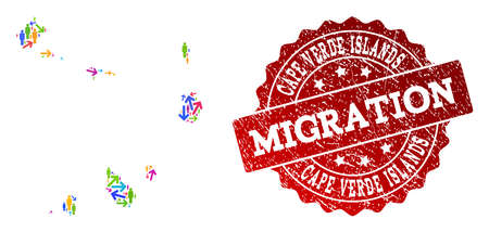 People migration traffic combination of mosaic map of Cape Verde Islands and rubber seal. Mosaic map of Cape Verde Islands is constructed with multidirectional multicolored arrows and people.のイラスト素材