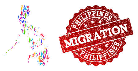People migration traffic combination of mosaic map of Philippines and rubber seal. Mosaic map of Philippines is designed with different colored arrows and population.のイラスト素材