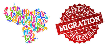 People migration traffic composition of mosaic map of Venezuela and corroded seal. Mosaic map of Venezuela is designed with multidirectional multicolored arrows and people.のイラスト素材