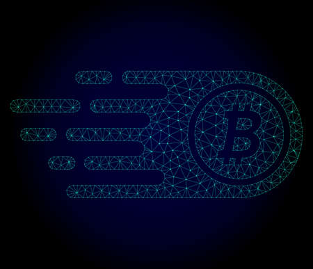 Glossy bitcoin polygonal illustration. Abstract mesh lines, triangles and points on dark background with bitcoin. Wire frame 2D mesh polygonal line network in vector format on a dark blue background.のイラスト素材