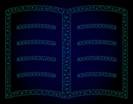 Mesh open book polygonal illustration. Abstract mesh lines, triangles and points on dark background with open book. Wire frame 2D polygonal line network in vector format on a dark blue background.のイラスト素材