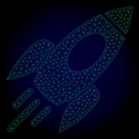 Mesh space rocket polygonal illustration. Abstract mesh lines, triangles and points on dark background with space rocket.のイラスト素材