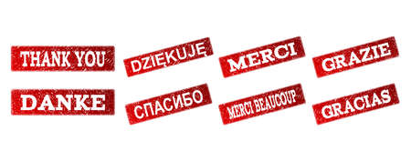 THANK YOU rubber seal stamps in different European languages. Vector red seals with grunge rubber texture has Thank You text in English, German, French, Polish, Russian, Italian, Spanish translations.の写真素材