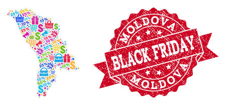 Black Friday combination of mosaic map of Moldova and grunge stamp seal. Vector red seal with grunge rubber texture with Black Friday text. Flat design for trade posters.のイラスト素材
