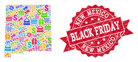 Black Friday combination of mosaic map of New Mexico State and grunge stamp. Vector red seal with unclean rubber texture with Black Friday title. Flat design for shopping purposes.のイラスト素材