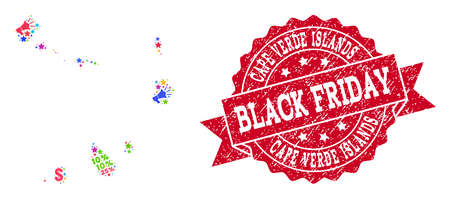 Black Friday composition of mosaic map of Cape Verde Islands and rubber stamp seal. Vector red seal with corroded rubber texture with Black Friday title. Flat design for sale purposes.のイラスト素材