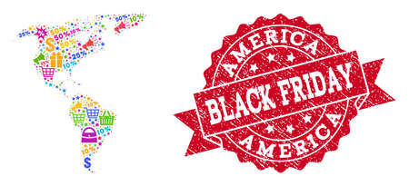 Black Friday collage of mosaic map of South and North America and corroded seal. Vector red seal with corroded rubber texture with Black Friday title. Flat design for shopping templates.のイラスト素材