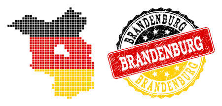 Pixelated map of Brandenburg State and stamp seal. Dotted map of Brandenburg State has German flag colors. Vector rubber watermark has official colors of Germany flag. Designed for patriotic purposes.のイラスト素材