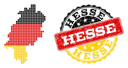 Pixelated map of Hesse State and stamp seal. Dotted map of Hesse State has German flag colors. Vector rubber watermark has official colors of Germany flag. Designed for patriotic templates.のイラスト素材