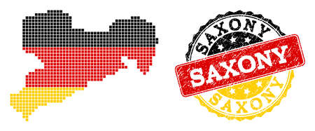 Pixelated map of Saxony State and stamp seal. Dotted map of Saxony State has German flag colors. Vector rubber watermark has official colors of Germany flag. Designed for political illustrations.のイラスト素材