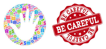 Trading combination of be careful mosaic and rubber stamp seal. Mosaic be careful collage is designed with colored shopping bags, carts, dollars, discount percents, gifts, announces.のイラスト素材