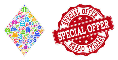 Trading composition of special offer mosaic and rubber seal. Mosaic special offer collage is constructed with bright shopping bags, carts, dollars, discount percents, gifts, announces.のイラスト素材