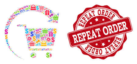 Trading collage of repeat shopping order mosaic and rubber seal. Mosaic repeat shopping order collage is designed with colorful shopping bags, carts, dollars, discount percents, gifts, announces.のイラスト素材