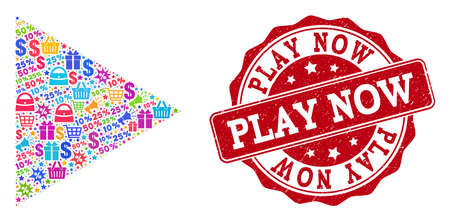 Trading collage of play function mosaic and scratched seal. Mosaic play function collage is constructed with bright shopping bags, carts, dollars, discount percents, gifts, announces.のイラスト素材