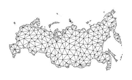 Polygonal mesh map of Russia. Abstract mesh lines, triangles and points with map of Russia. Vector wire frame 2D polygonal line network in black color. Carcass model for patriotic posters.のイラスト素材