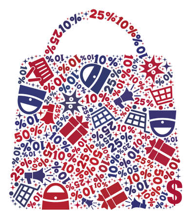 Mosaic shopping bag designed with blue and red shopping symbols. Retail composition of mosaic shopping bag icon. Flat design for shopping purposes.のイラスト素材
