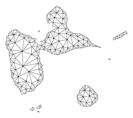 Polygonal mesh map of Guadeloupe in black color. Abstract mesh lines, triangles and points with map of Guadeloupe. Wire frame 2D polygonal line network in vector format.のイラスト素材