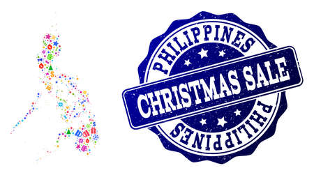 Christmas sale collage of mosaic map of Philippines and rubber seal. Vector blue seal with unclean rubber texture for Christmas Sales. Flat design for sale illustrations.のイラスト素材