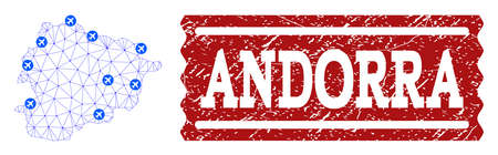 Air ticket collage of polygonal mesh map of Andorra and scratched stamp seal. Vector red seal with scratched rubber texture for airtickets. Abstract blue mesh lines,のイラスト素材