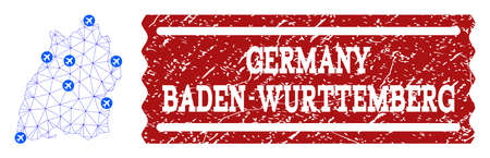 Air ticket combination of polygonal mesh map of Baden-Wurttemberg State and rubber seal. Vector red seal with unclean rubber texture for airtickets. Abstract blue mesh lines,のイラスト素材