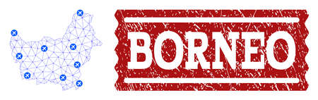 Air ticket composition of polygonal mesh map of Borneo Island and rubber stamp. Vector red watermark with unclean rubber texture for airtickets. Abstract blue mesh lines,のイラスト素材