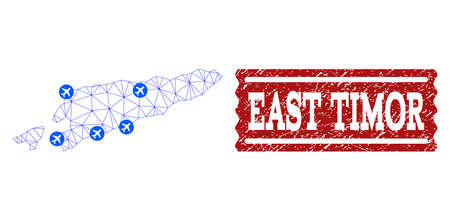Air ticket collage of polygonal mesh map of East Timor and rubber seal. Vector red seal with distress rubber texture for airtickets. Abstract blue mesh lines,のイラスト素材