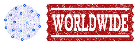 Air ticket collage of polygonal mesh map of global world and rubber seal. Vector red seal with grunge rubber texture for airtickets. Abstract blue mesh lines,のイラスト素材