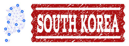 Air ticket composition of polygonal mesh map of South Korea and rubber stamp seal. Vector red seal with corroded rubber texture for airtickets. Abstract blue mesh lines,のイラスト素材