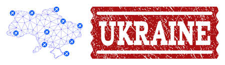 Air ticket composition of polygonal mesh map of Ukraine and unclean stamp. Vector red imprint with unclean rubber texture for airtickets. Abstract blue mesh lines,のイラスト素材