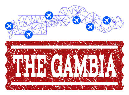 Air ticket collage of polygonal mesh map of the Gambia and rubber stamp seal. Vector red watermark with scratched rubber texture for airtickets. Abstract blue mesh lines,のイラスト素材