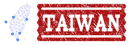 Air ticket collage of polygonal mesh map of Taiwan and corroded seal. Vector red seal with corroded rubber texture for airtickets. Abstract blue mesh lines, airports and points with map of Taiwan.のイラスト素材