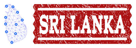 Air ticket collage of polygonal mesh map of Sri Lanka and grunge seal. Vector red seal with grunge rubber texture for airtickets. Abstract blue mesh lines, airports and points with map of Sri Lanka.のイラスト素材