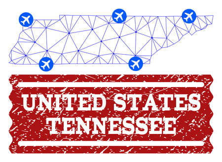 Air ticket combination of polygonal mesh map of Tennessee State and textured stamp seal. Vector red seal with scratched rubber texture for airtickets. Abstract blue mesh lines,のイラスト素材