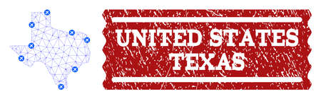 Air ticket collage of polygonal mesh map of Texas State and rubber stamp seal. Vector red seal with scratched rubber texture for airtickets. Abstract blue mesh lines,のイラスト素材