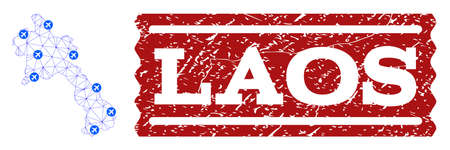 Air ticket composition of polygonal mesh map of Laos and textured seal. Vector red seal with grunge rubber texture for airtickets. Abstract blue mesh lines, airports and points with map of Laos.のイラスト素材