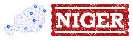 Air ticket collage of polygonal mesh map of Niger and dirty stamp seal. Vector red seal with scratched rubber texture for airtickets. Abstract blue mesh lines, airports and points with map of Niger.のイラスト素材