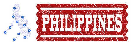 Air ticket combination of polygonal mesh map of Philippines and rubber stamp. Vector red imprint with unclean rubber texture for airtickets. Abstract blue mesh lines,のイラスト素材