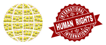 Human rights collage of yellow vest map of global world and seal template. Map of global world collage formed for Gilet Jaunes protest illustrations.のイラスト素材