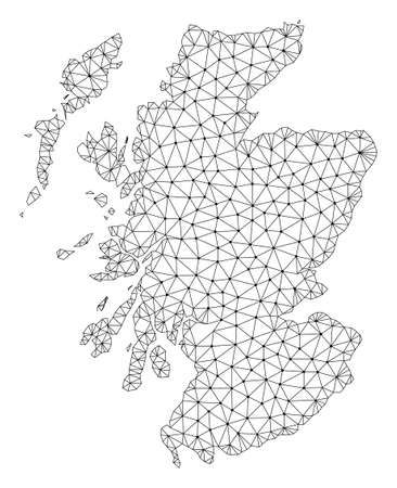 Polygonal mesh map of Scotland in black color. Abstract mesh lines, triangles and points with map of Scotland. Wire frame 2D polygonal line network in vector format.のイラスト素材