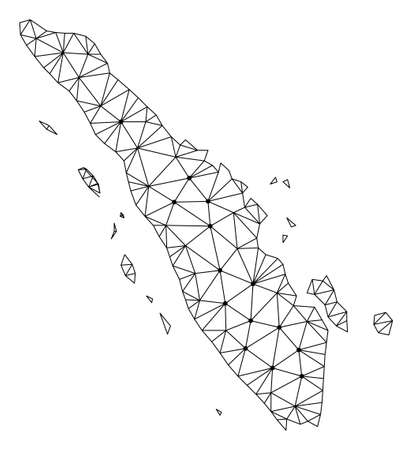 Polygonal mesh map of Sumatra Island in black color. Abstract mesh lines, triangles and points with map of Sumatra Island. Wire frame 2D polygonal line network in vector format.のイラスト素材