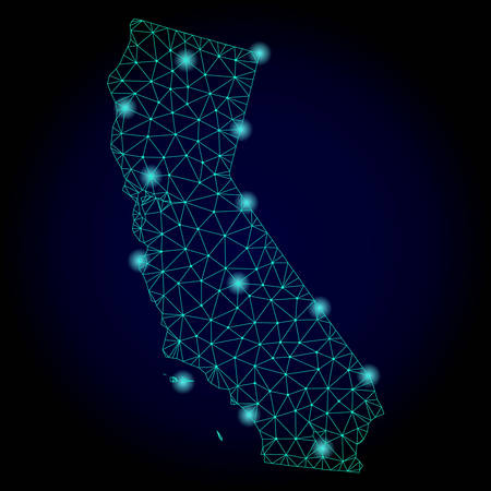 Glossy polygonal mesh map of California. Abstract mesh lines, triangles, light spots and points on dark background with map of California.のイラスト素材