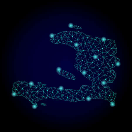 Glossy polygonal mesh map of Haiti. Abstract mesh lines, triangles, light spots and points on dark background with map of Haiti.のイラスト素材