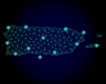 Glossy polygonal mesh map of Puerto Rico. Abstract mesh lines, triangles, light spots and points on dark background with map of Puerto Rico.のイラスト素材