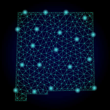 Glossy polygonal mesh map of New Mexico State. Abstract mesh lines, triangles, light spots and points on dark background with map of New Mexico State.のイラスト素材