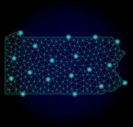 Glossy polygonal mesh map of Pennsylvania State. Abstract mesh lines, triangles, light spots and points on dark background with map of Pennsylvania State.のイラスト素材