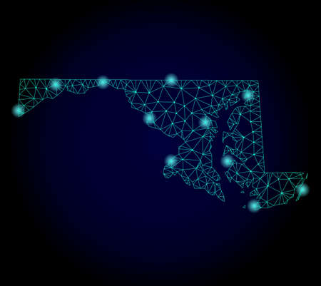 Glossy polygonal mesh map of Maryland State. Abstract mesh lines, triangles, light spots and points on dark background with map of Maryland State.のイラスト素材