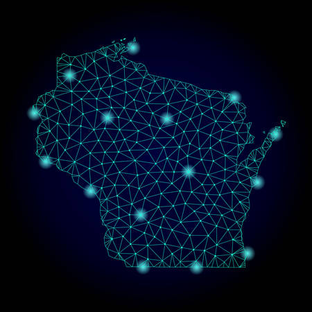 Glossy polygonal mesh map of Wisconsin State. Abstract mesh lines, triangles, light spots and points on dark background with map of Wisconsin State.のイラスト素材