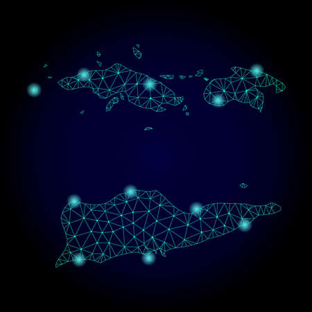 Glossy polygonal mesh map of American Virgin Islands. Abstract mesh lines, triangles, light spots and points on dark background with map of American Virgin Islands.のイラスト素材