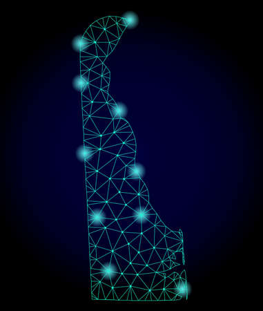 Glossy polygonal mesh map of Delaware State. Abstract mesh lines, triangles, light spots and points on dark background with map of Delaware State.の写真素材